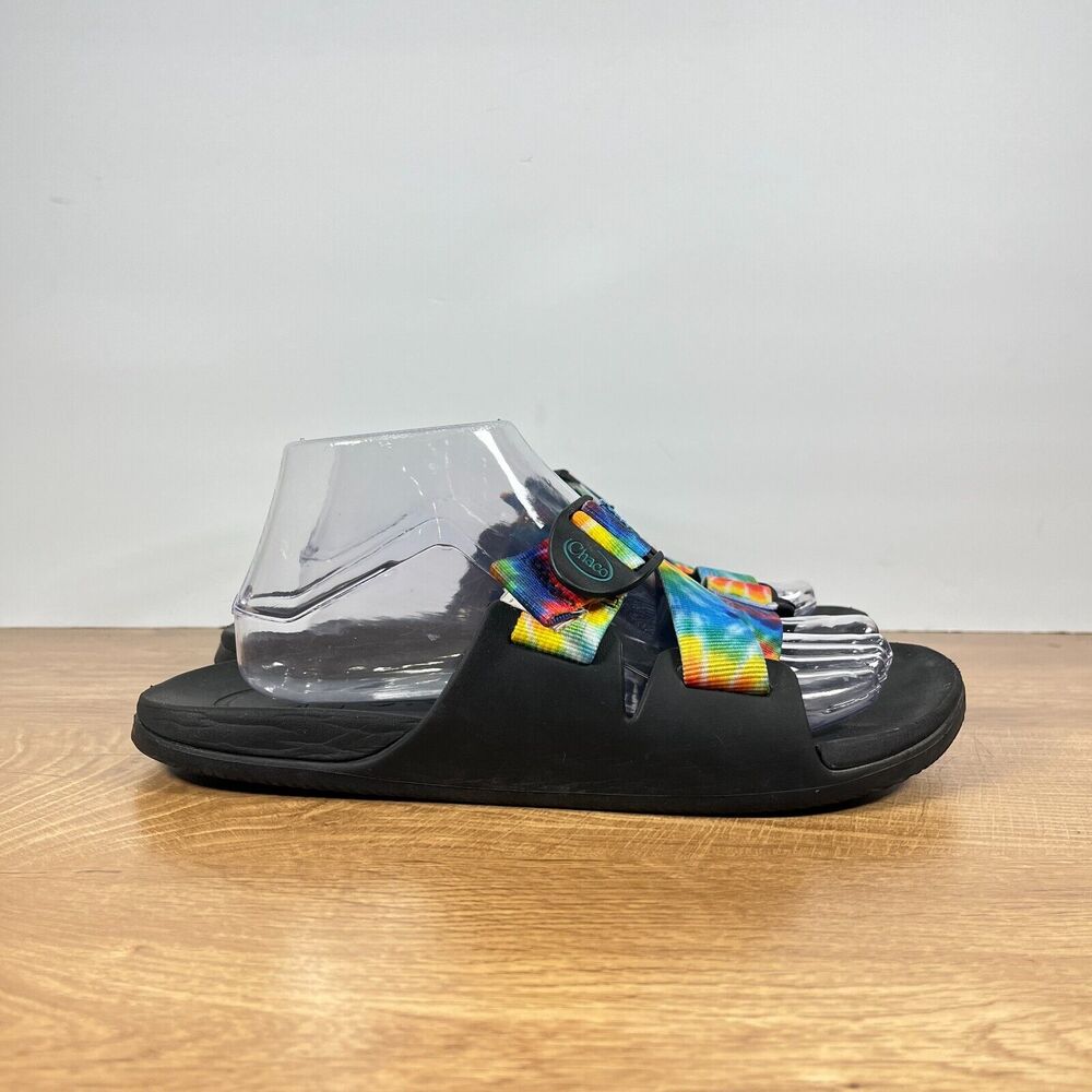 Chaco Black Slide Sandal with Rainbow Straps